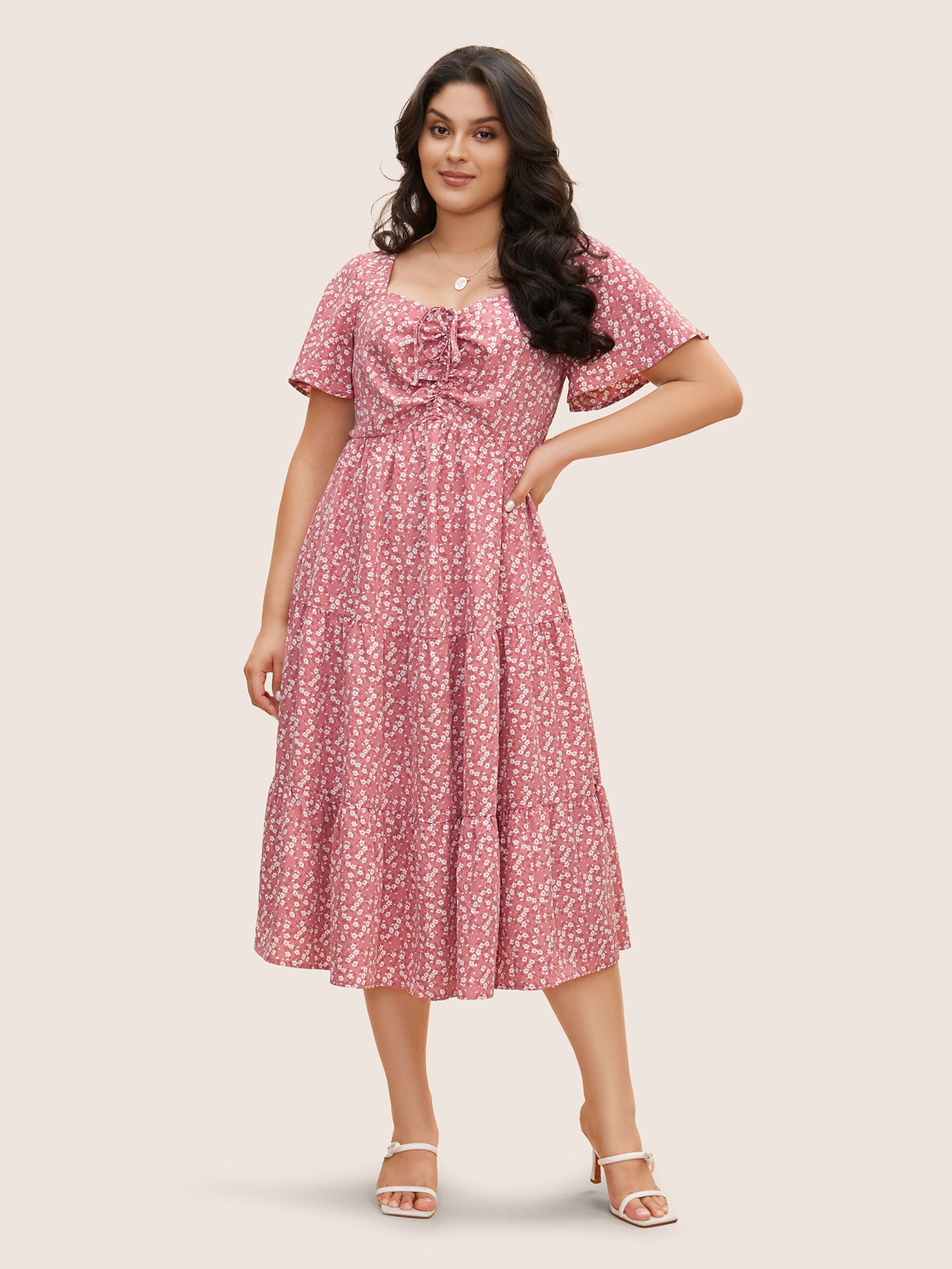 Ditsy Floral Drawstring Ruched Pocket Ruffle Tiered Dress