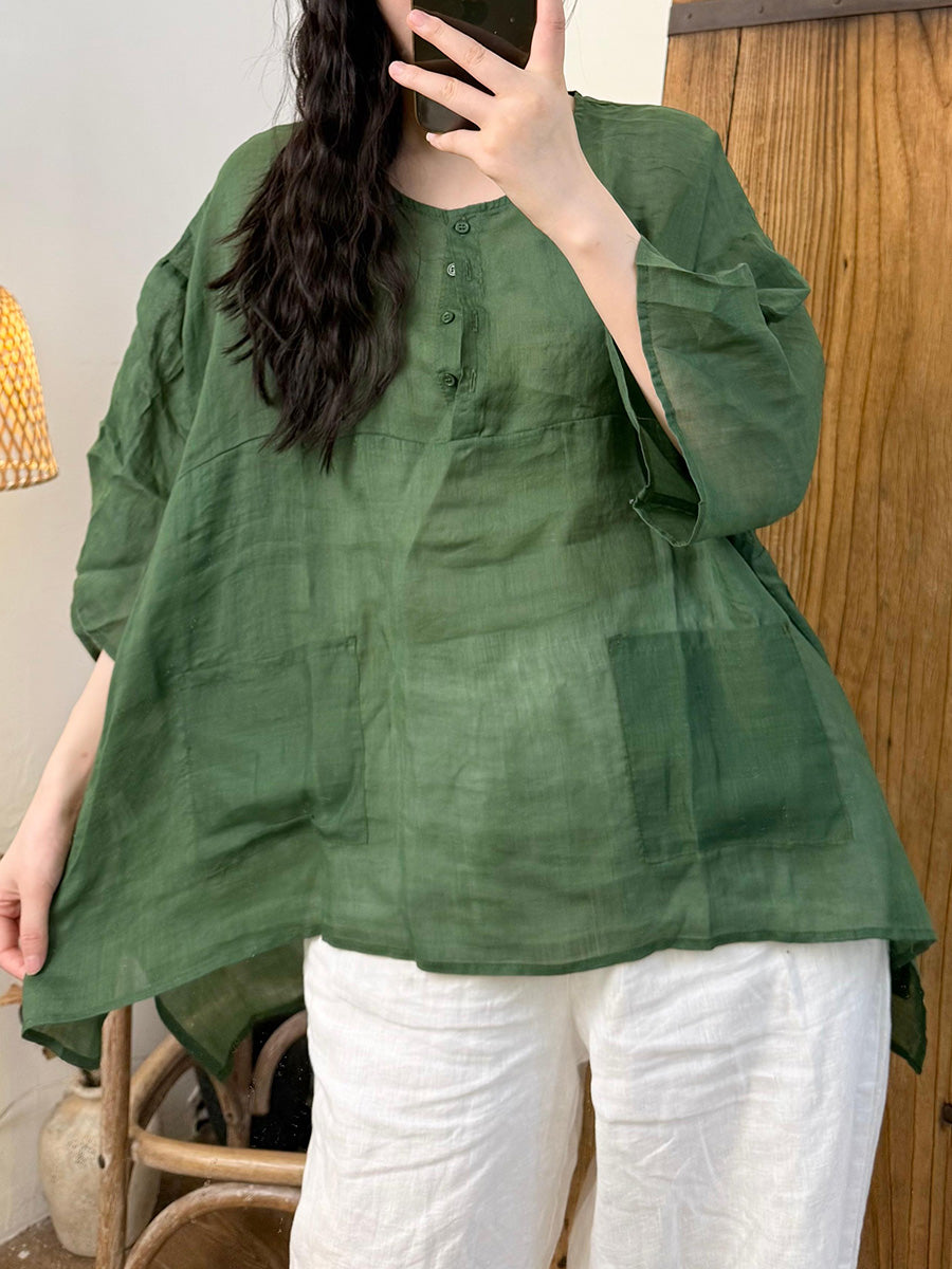 Women Summer Artsy Pure Color Ramie O-Neck Shirt