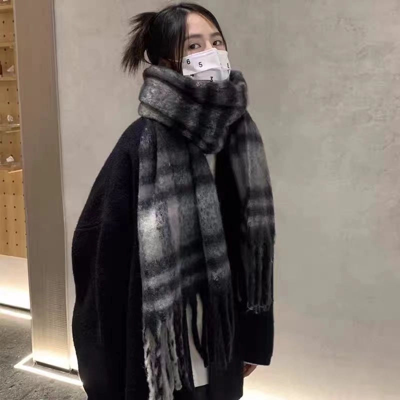 Plaid Tassel Mohair Scarf Women's Spring Students Travel Fashionable Sticker Casual Scarf