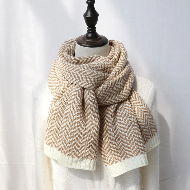 New Scarf Women's Winter Contrast Color Herringbone Pattern Knitted  Fashion Couple Color Matching Knitted Thickened Warm Scarf