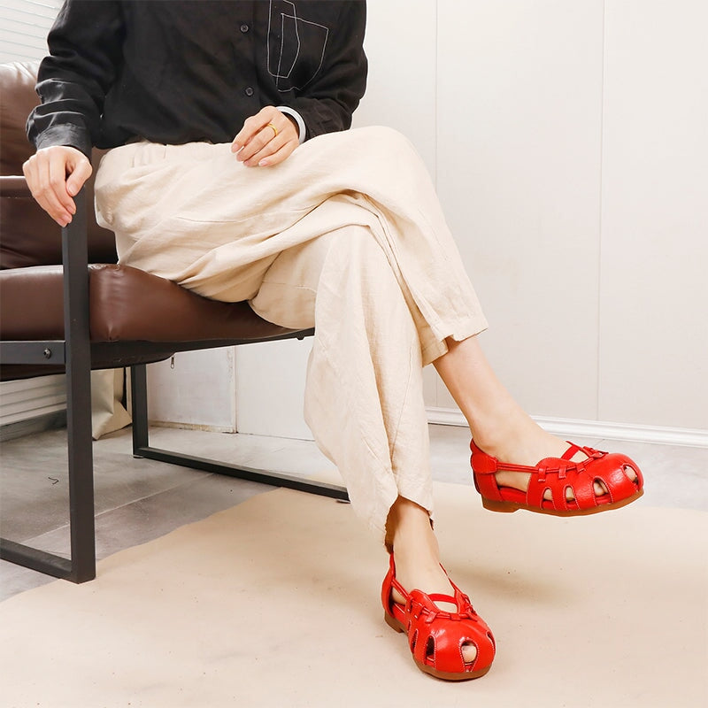 Breathable Fashion Design Round Toe Hollow-Out Leather Sandals with Velcro Strap in Red/Black