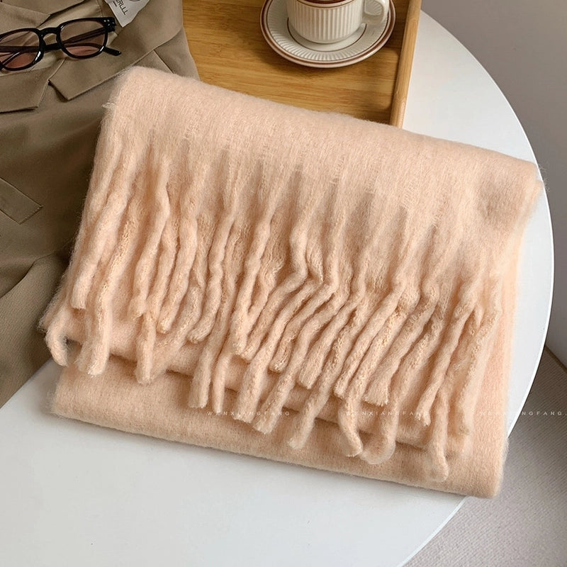Solid Color Mohair Scarf For Women Autumn And Winter New Thick Braid Winter Student Shawl Scarf
