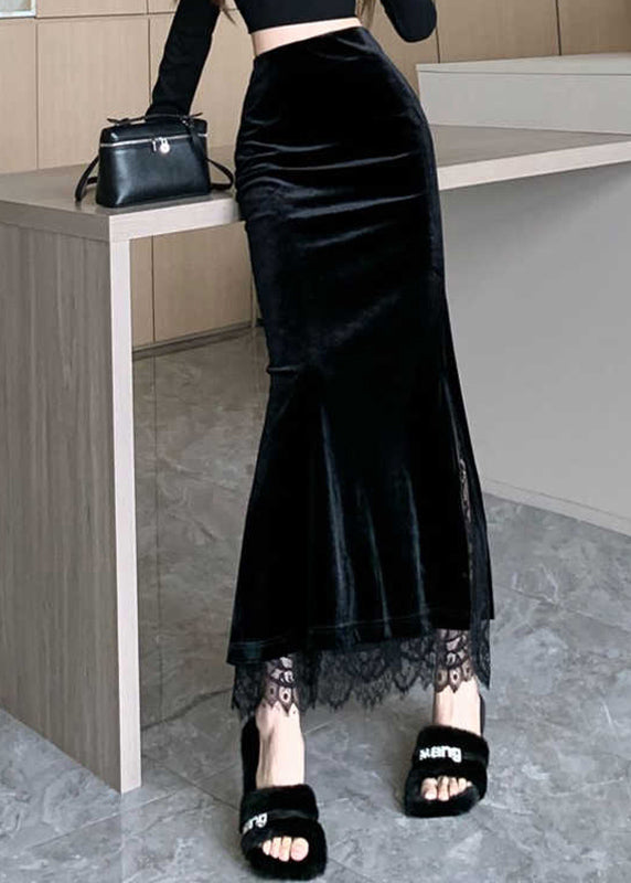 Stylish Black Lace Patchwork Silk Velvet Skirts Spring
