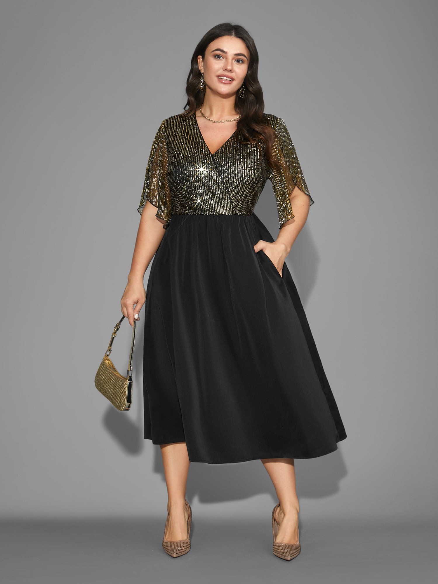 Sequin Mesh Petal Sleeve Midi Dress