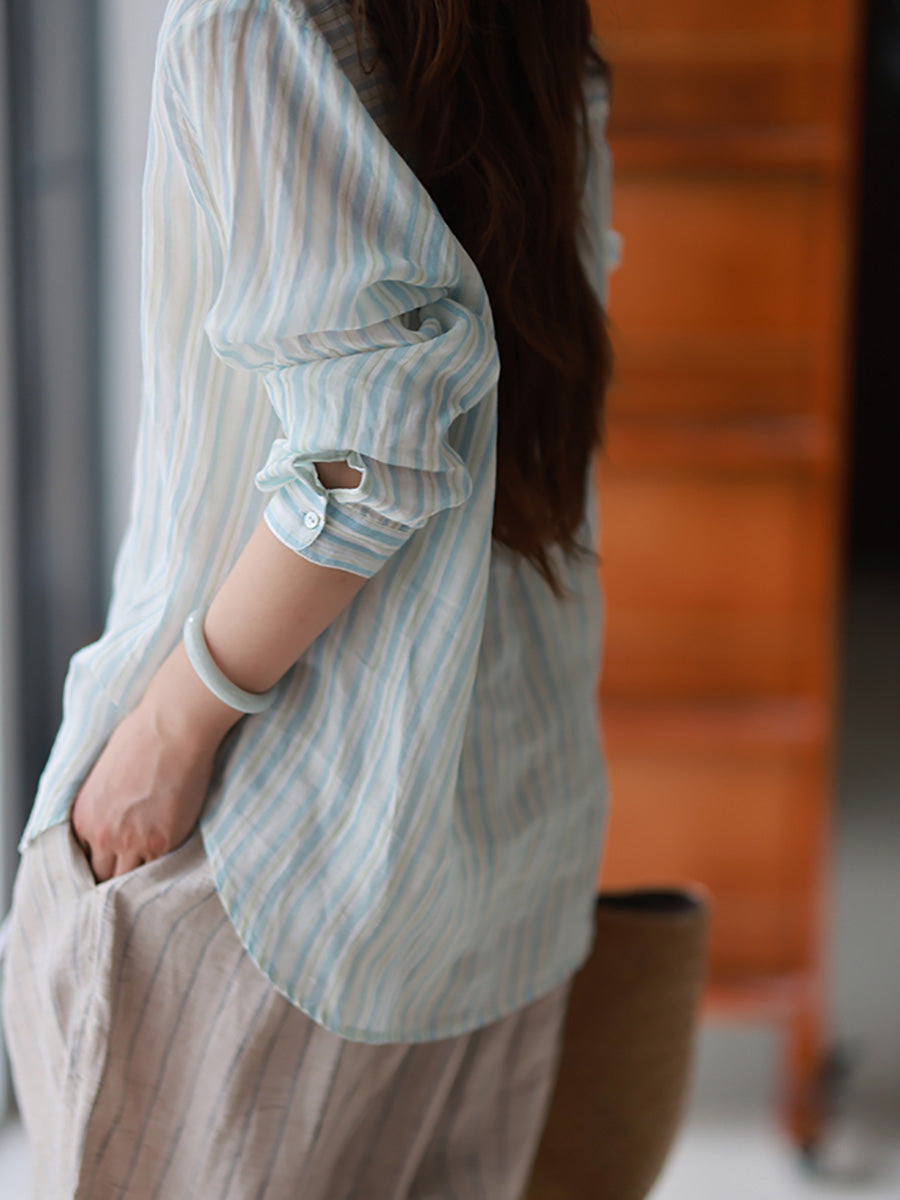 Women Summer Artsy Stripe Turn-down Collar 100%Ramie Shirt