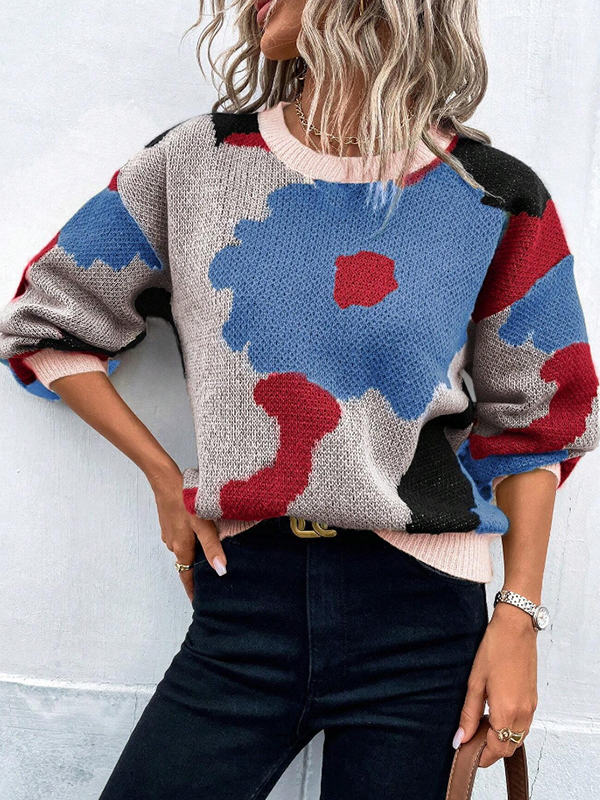Loose Puff Sleeves Asymmetric Knitted Flower Split-Joint Round-Neck Sweater Tops