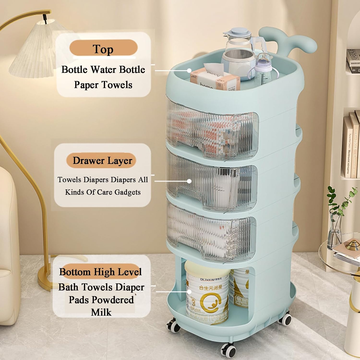 3-4 Layer Whale Cart Multi-Layer Bedside Mobile Snack Storage Rack. Waterproof Freestanding Storage Cabinet