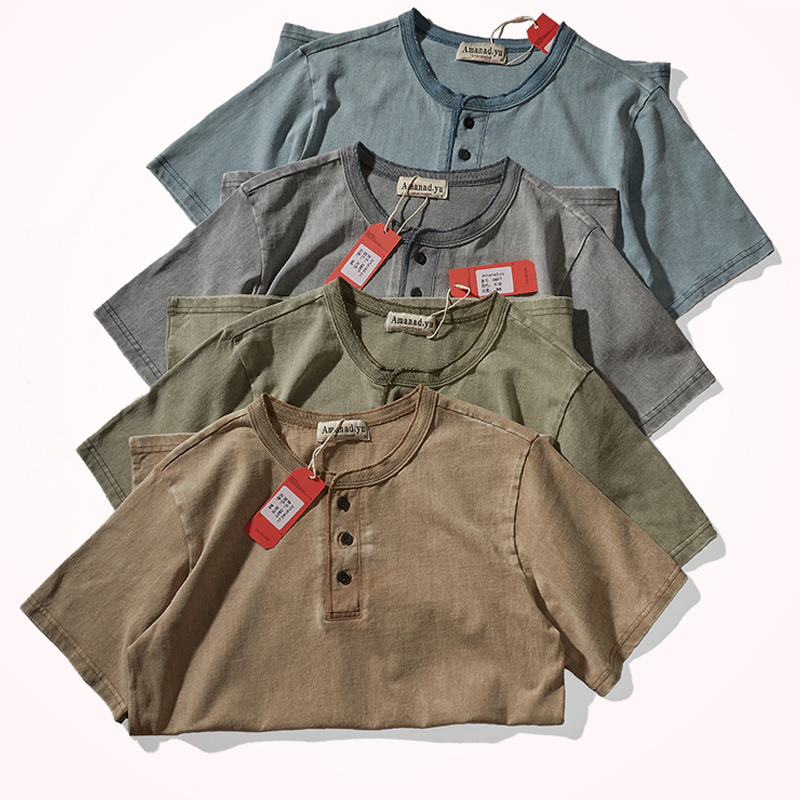 American Heavy Henley Collar Cotton Short Sleeve T-Shirt
