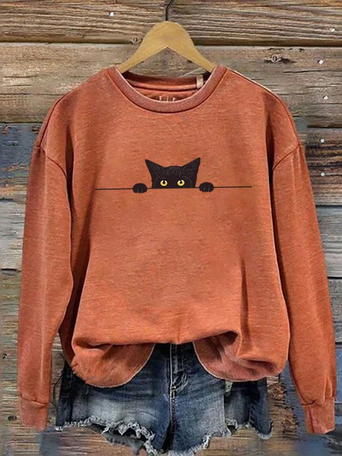 Women's Black Cat Print Crew Neck Sweatshirt