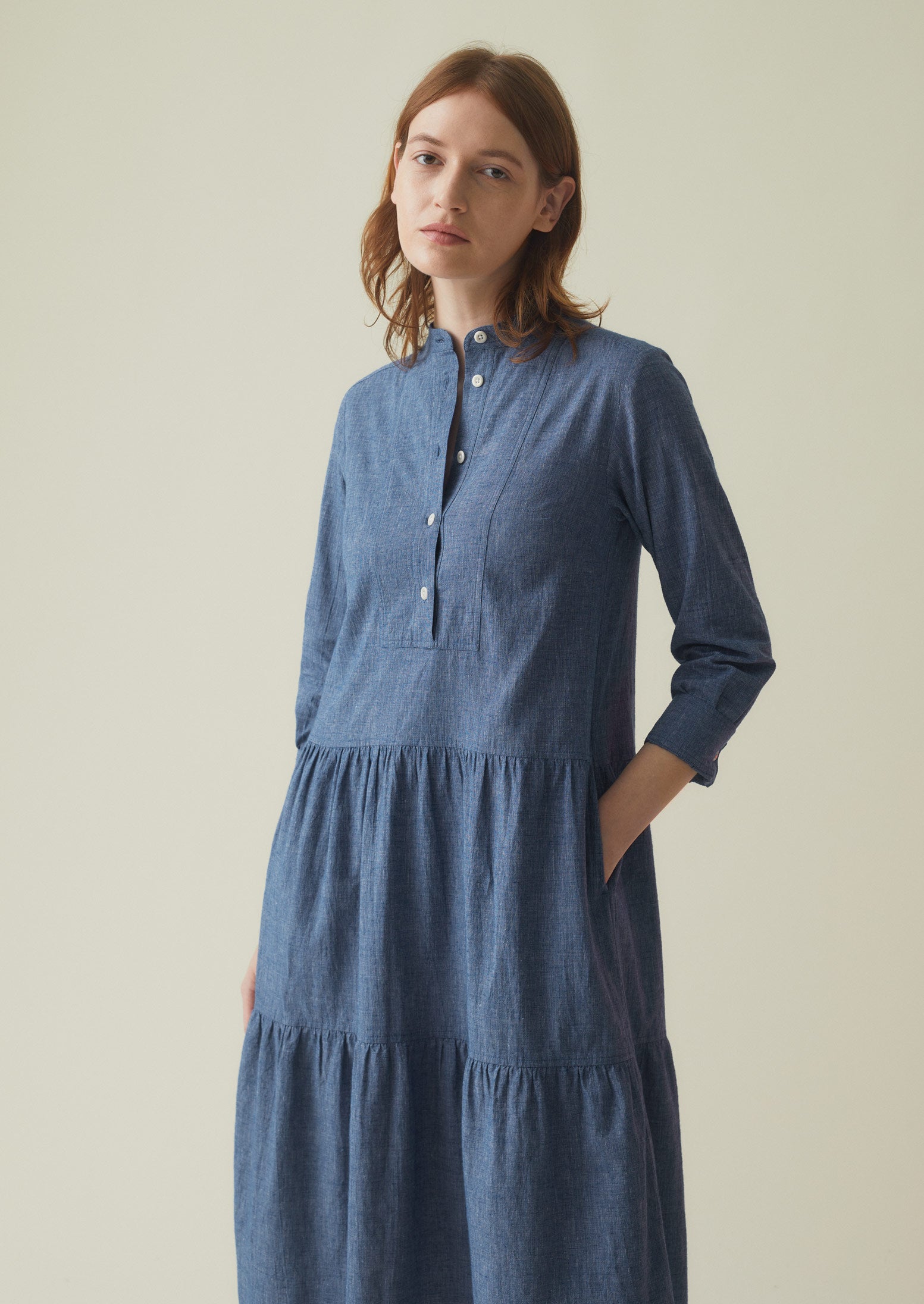 Rosa Cotton Linen Tiered Dress | Chambray Blue