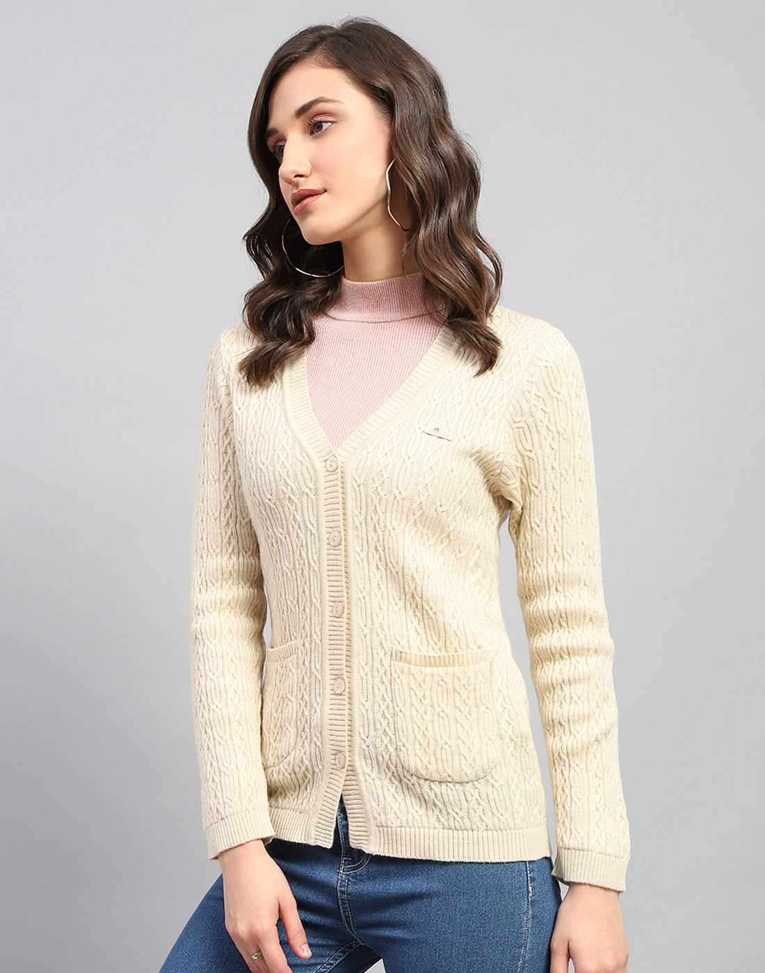 Women Beige Self Design V Neck Full Sleeve Cardigan