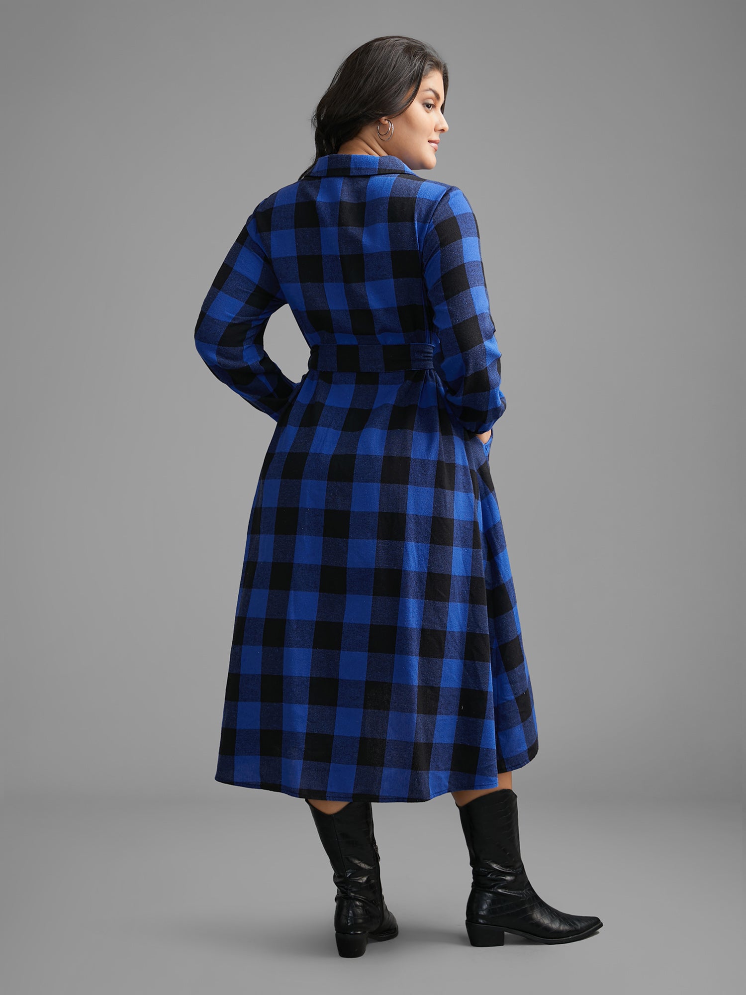 Plaid Patch Pocket Belted Midi Dress