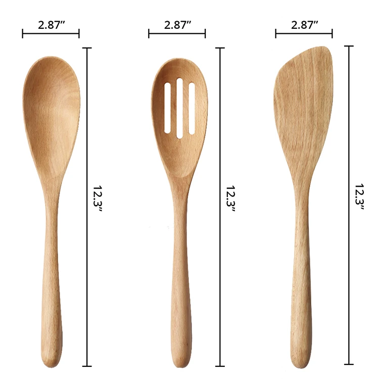 Eco Friendly   Kitchen Beech Wood Solid Spoon Slotted Spoon Spatula Utensil Set of 3