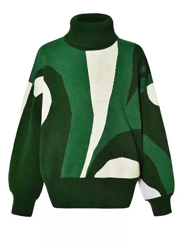Long Sleeves Loose Contrast Color Split-Joint High Neck Pullovers Sweater Tops