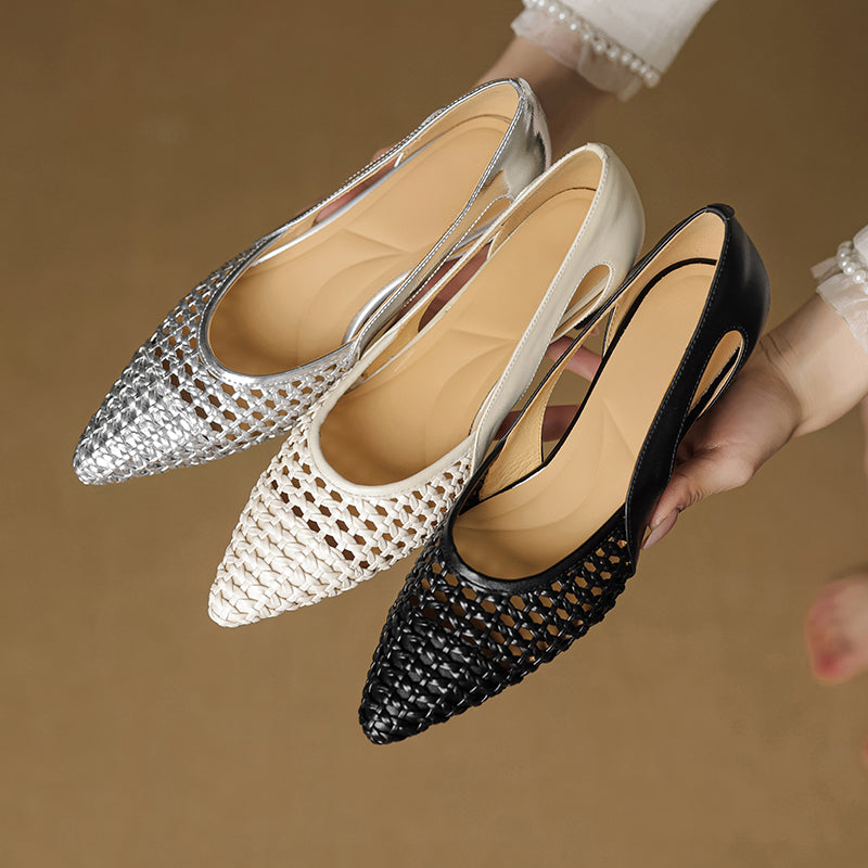 Pointed Toe Woven Kitten Heel Pumps Hollow Out Leather Fashion Office Shoes in Black/Beige/Silver
