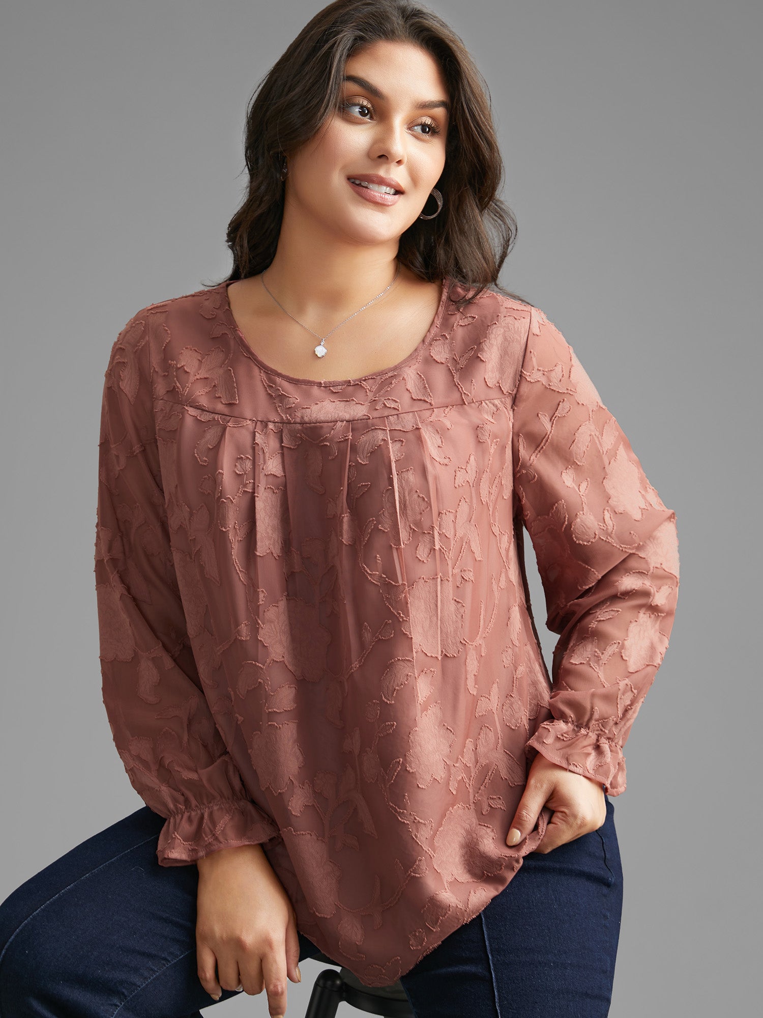 Silhouette Floral Textured Lantern Sleeve Blouse