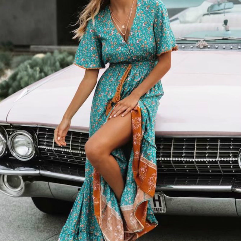 Boho Dress for Women|Bohemian Dress|Midi Boho Dress| V-neck  Rayon Cotton Bohemian DressesTassel Summer Boho Maxi Dress|Wedding Guest Dress