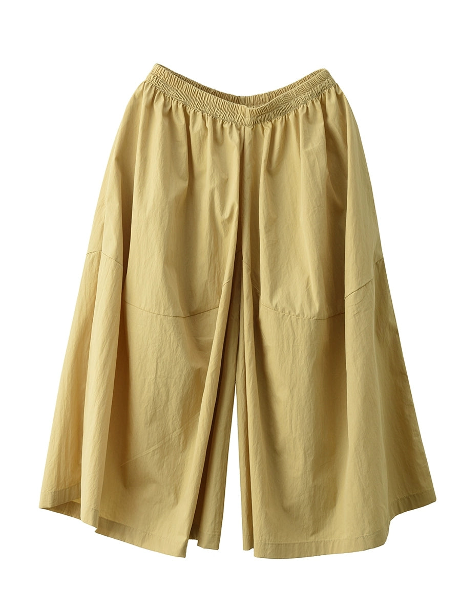 Women Summer Pure Color Cotton Wide-leg Cropped Pants