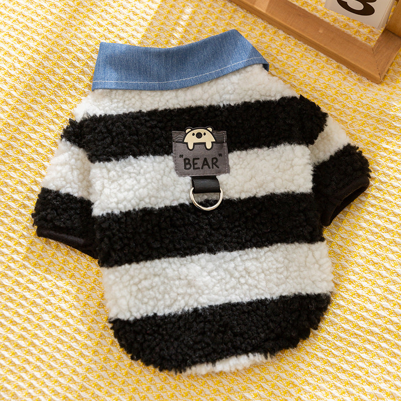 Fleece Striped Denim Collar Dog Cat Harness Sweater