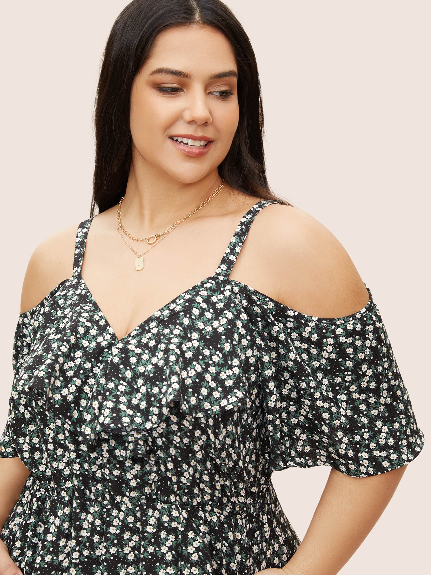 Ditsy Floral Pocket Wrap Cold Shoulder Ruffle Dress