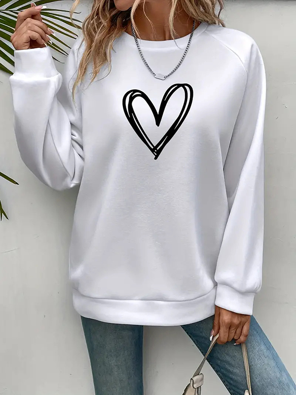 Long Sleeves Loose Heart Print Split-Joint Round-Neck Sweatshirt Tops