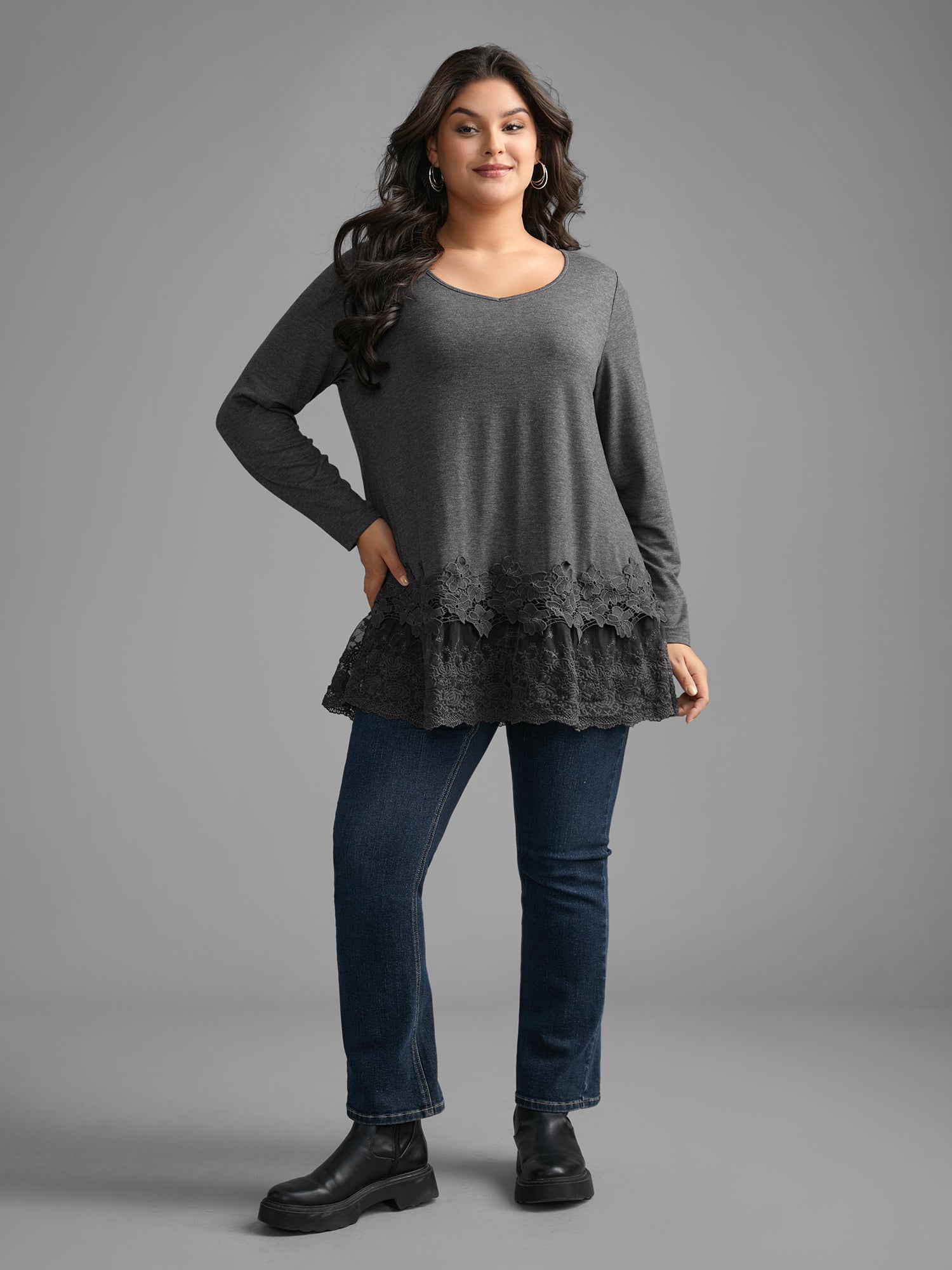 V Neck Lace Panel Jersey Top