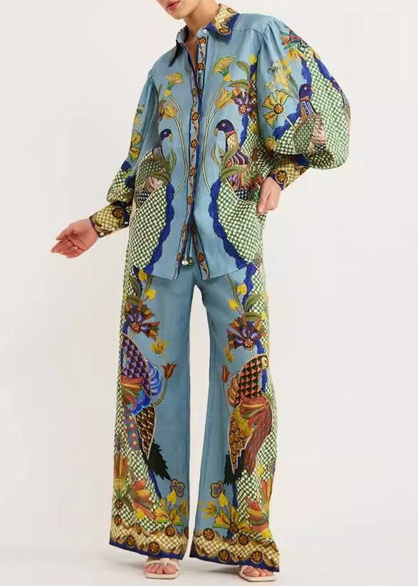 Fashion Green Peter Pan Collar Print Shirts And Wide Leg Pants Two Pieces Set Fall