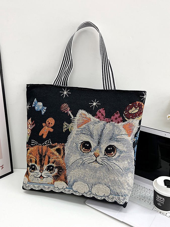 Women's Fashion Ethnic Cat Embroidery Canvas Shoulder Bag