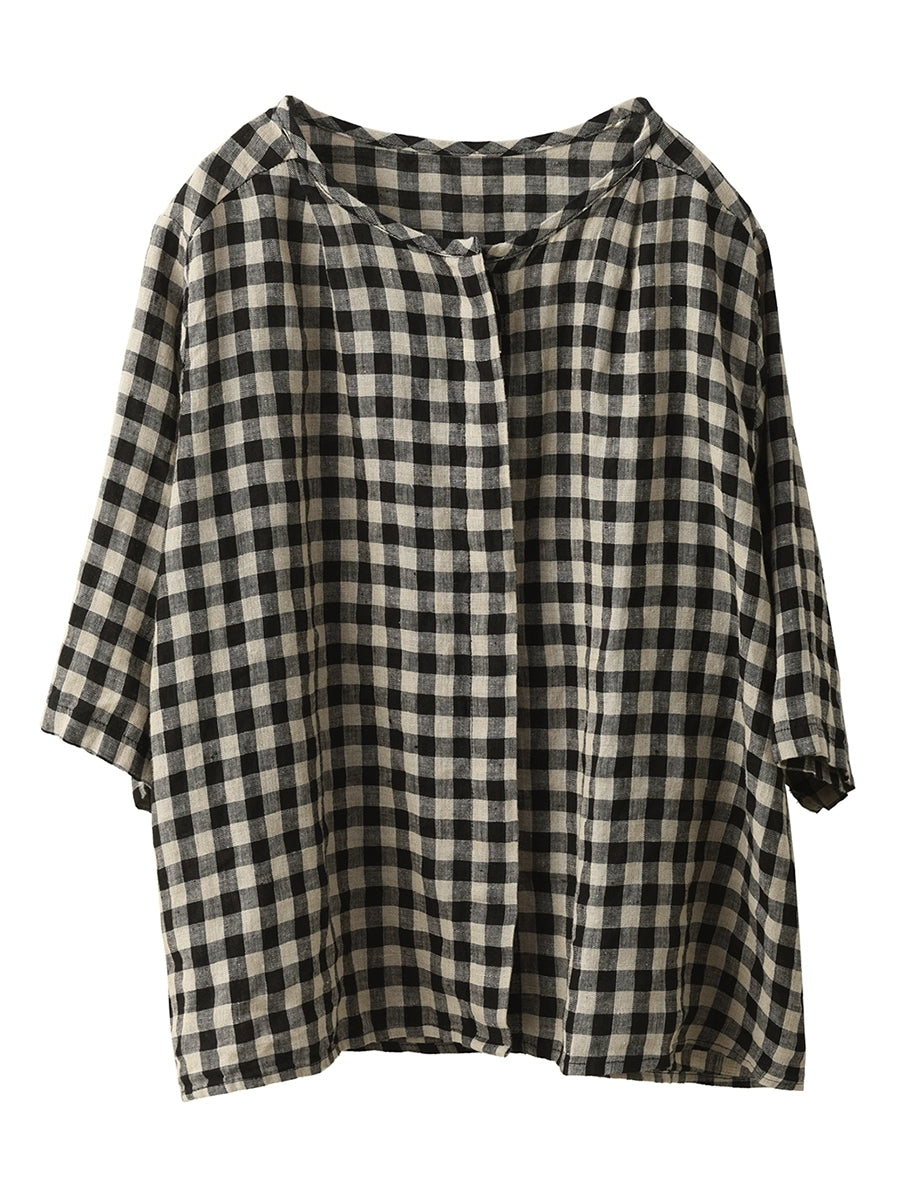 Women Summer Vintage Plaid 100%Linen O-Neck Shirt