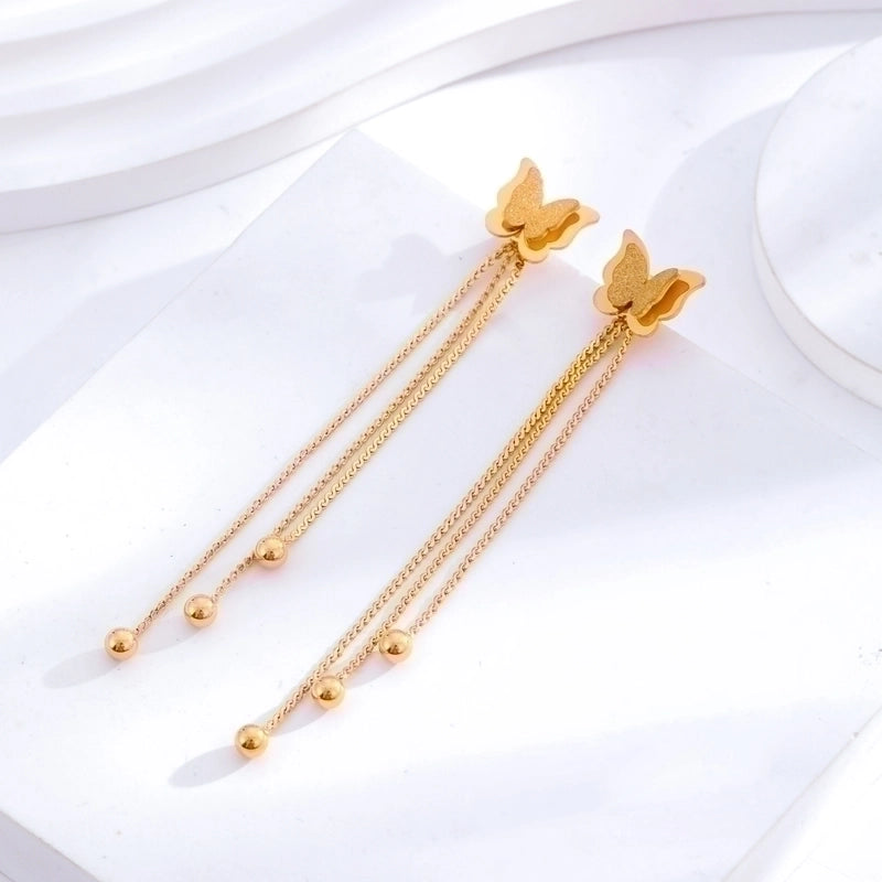 5 Pieces Elegant Sweet Heart Shape Butterfly Titanium Steel Inlay Zircon 24k Gold Plated Drop Earrings