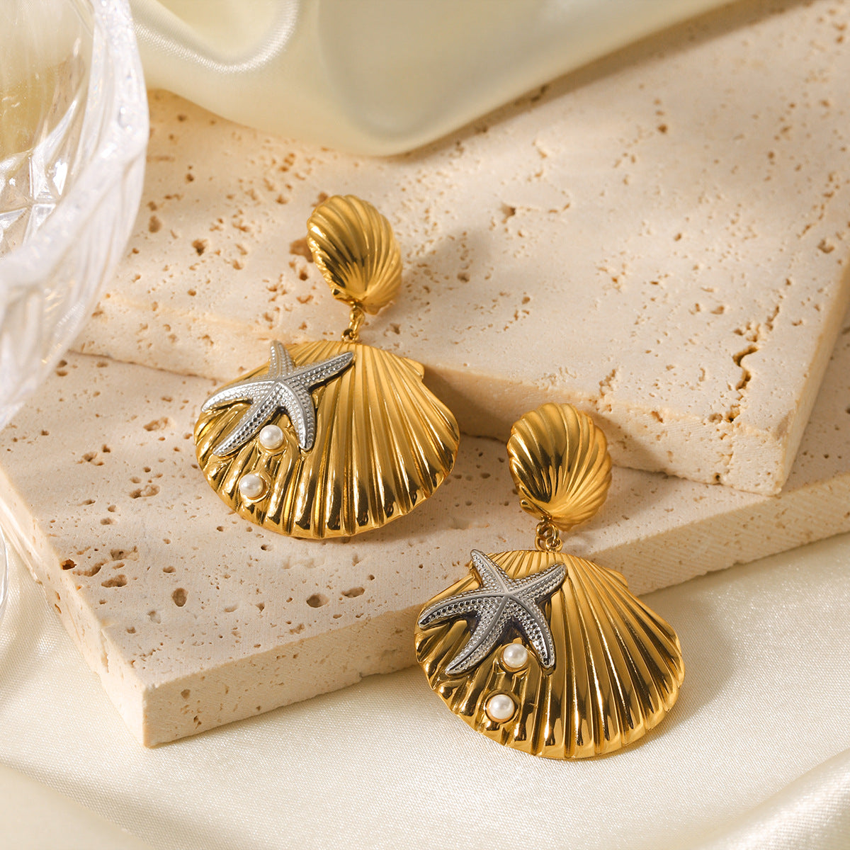 Ins Style Stainless Steel Starfish Shell Earrings Female Fashion Ocean Titanium Steel Earrings