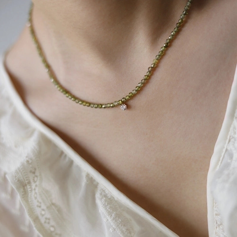 304 Stainless Steel Beaded 18K Gold Plated Minimalist Commute Inlay Round Zircon Pendant Necklace