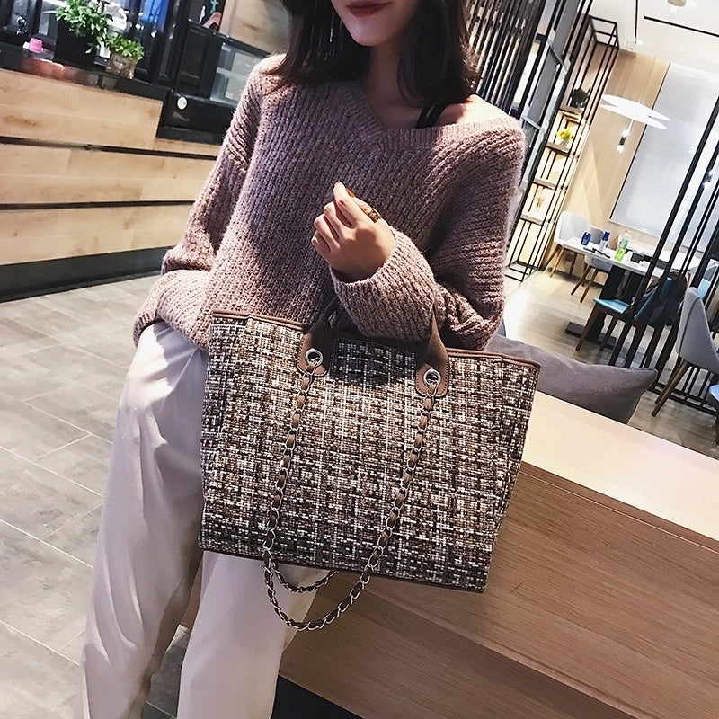 Women's Large Canvas Plaid Solid Color Streetwear Zipper Tote Bag