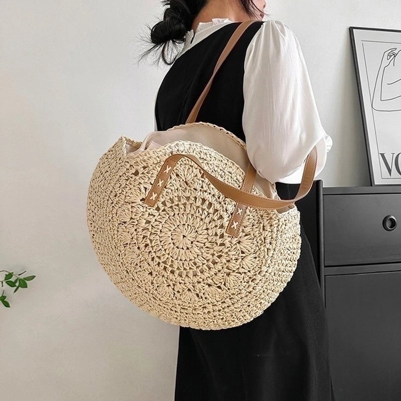 Women's Straw Solid Color Vacation Round Zipper Beach Bag