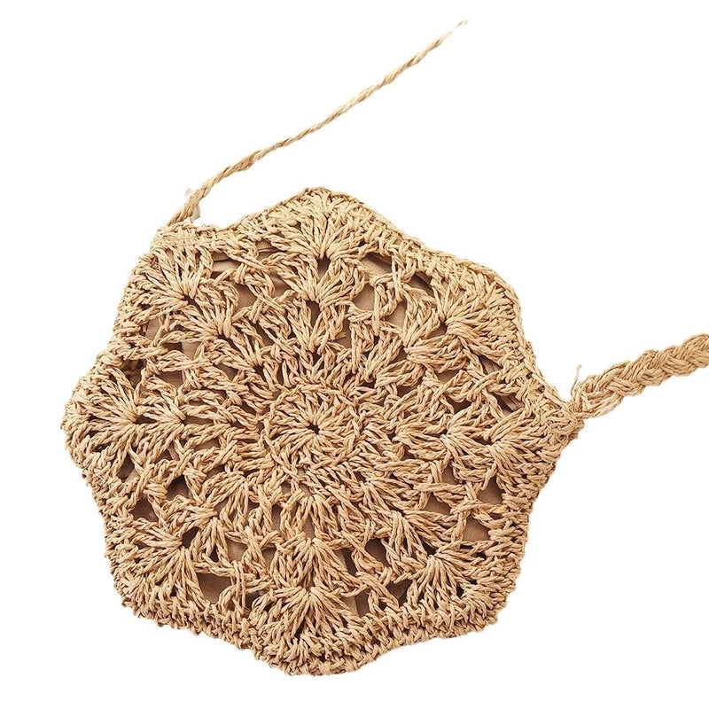 Women's Small Straw Solid Color Vacation Beach Weave Hollow Round Zipper Straw Bag