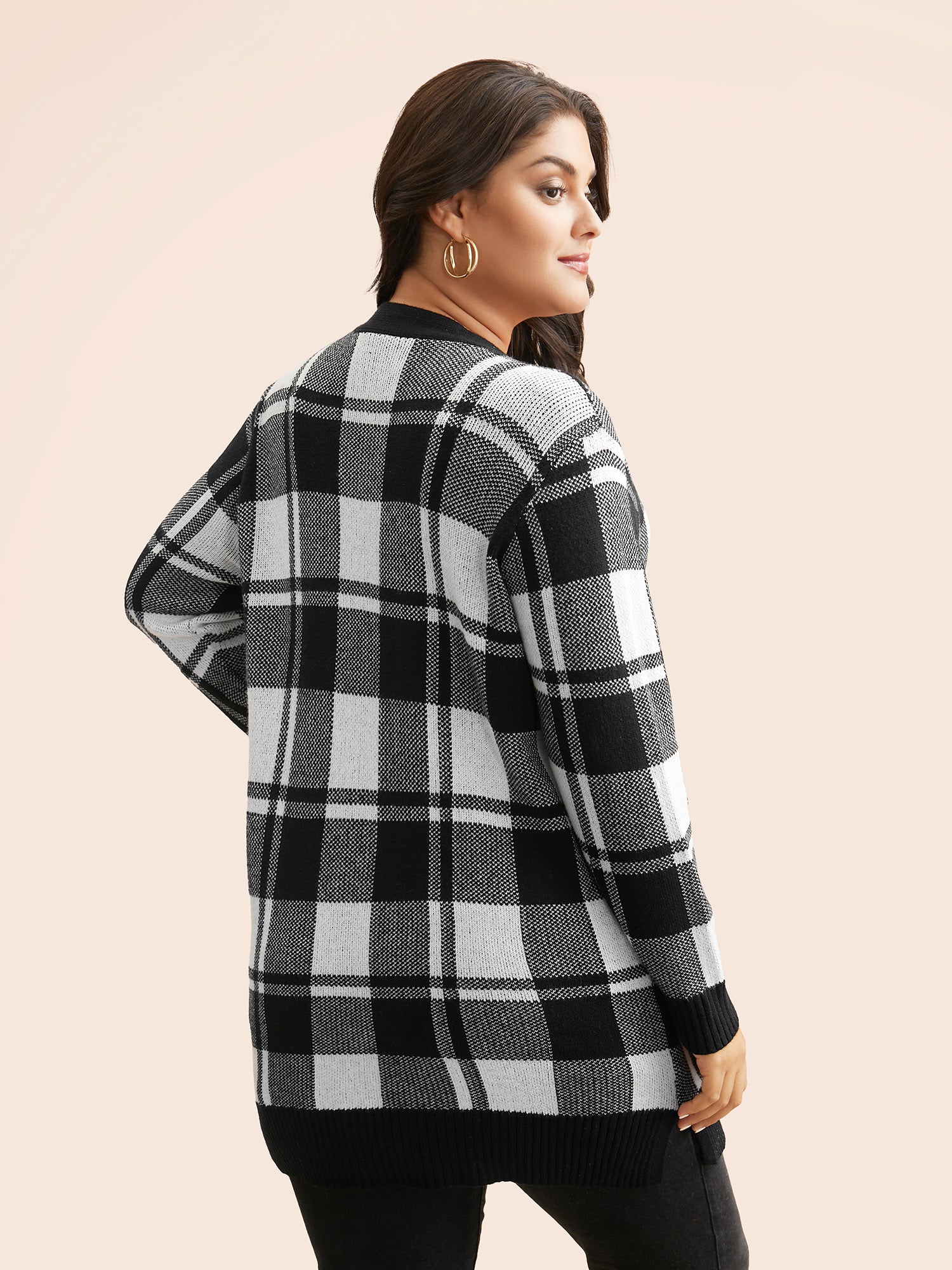 Kimono Collar Plaid Slit Hem Cardigan