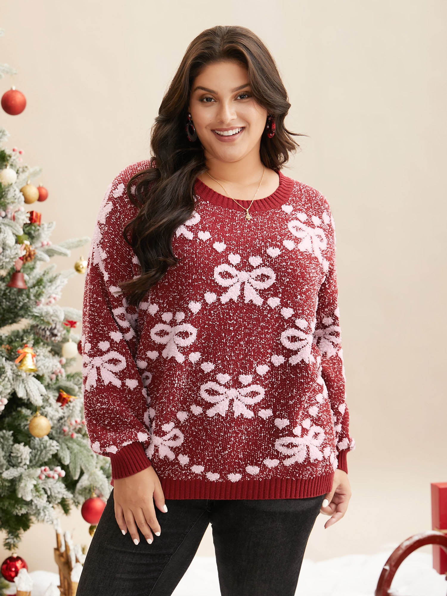 Bow Pattern Crew-Neck Pullover