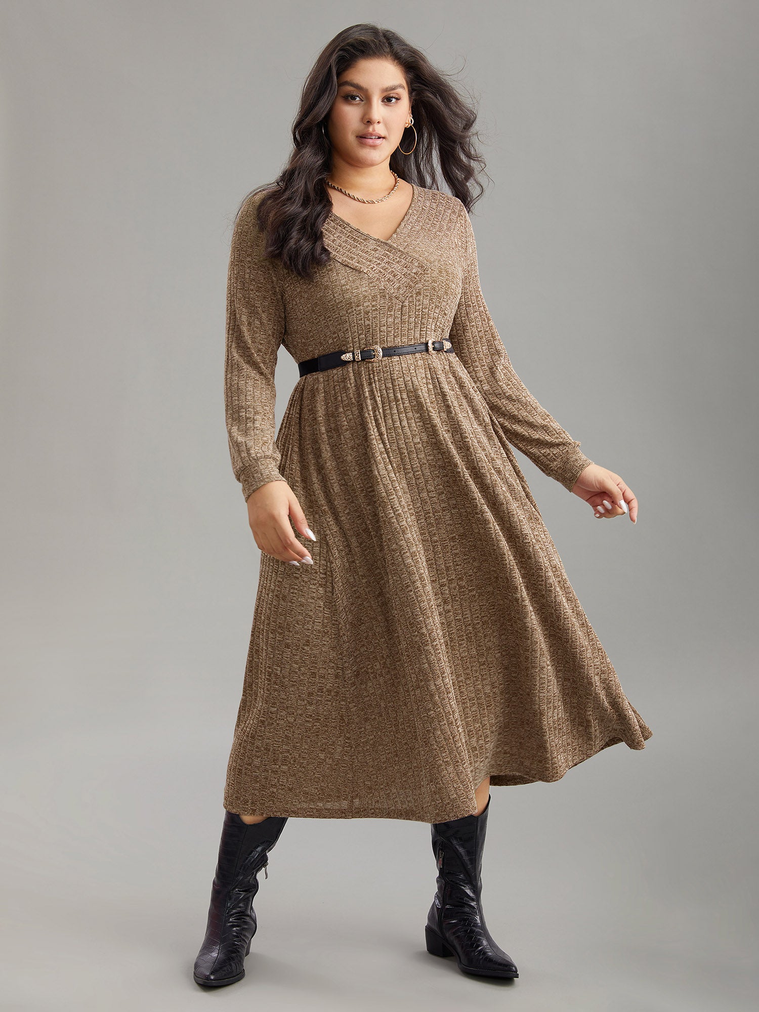 Rib Knit Plain Plisse Long Sleeve Dress