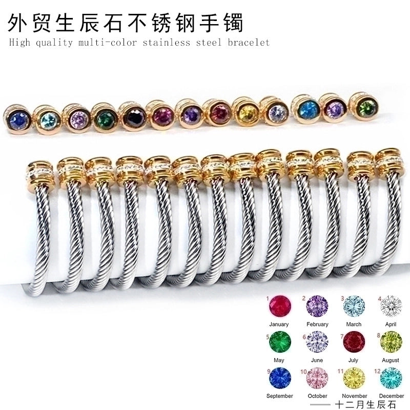 3 Pieces Minimalist Solid Color Stainless Steel Inlay Zircon Cuff Bracelets