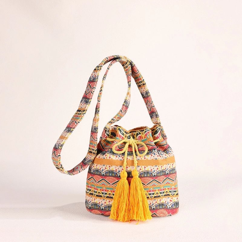 Women's Medium Canvas Geometric Ethnic Style Bucket Open Bucket Bag