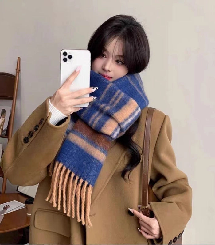 Gradient Horizontal Plaid Couple Scarf Mohair Scarf Winter Warm Thickened Lengthened Trendy White Scarf