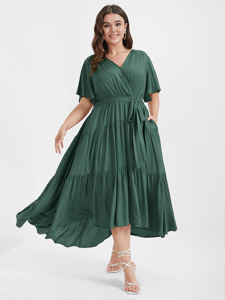 Solid Button Pocket Belted Ruffles Wrap Midi Dress