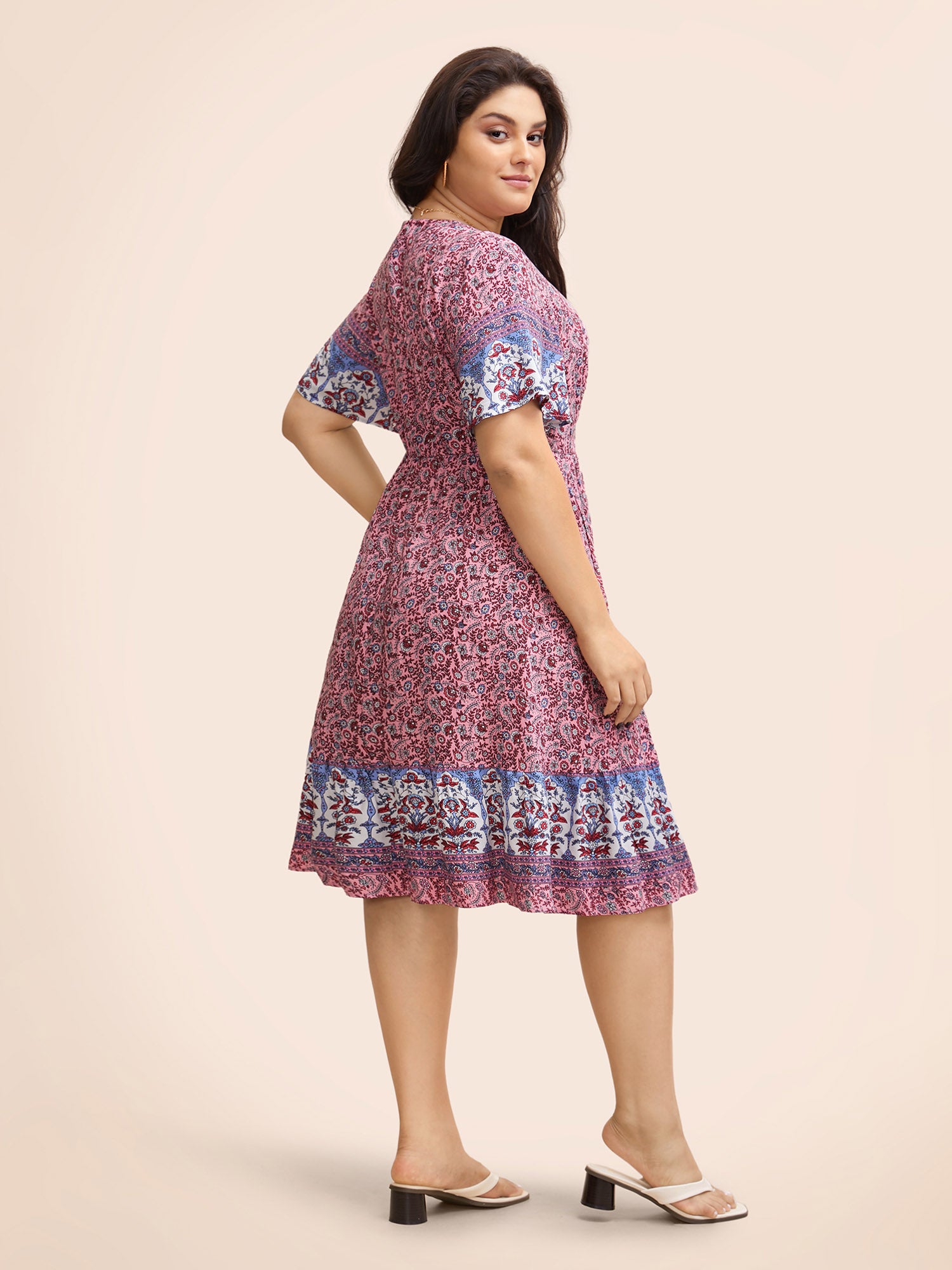 Boho Print Notched Collar Elastic Waist Dress