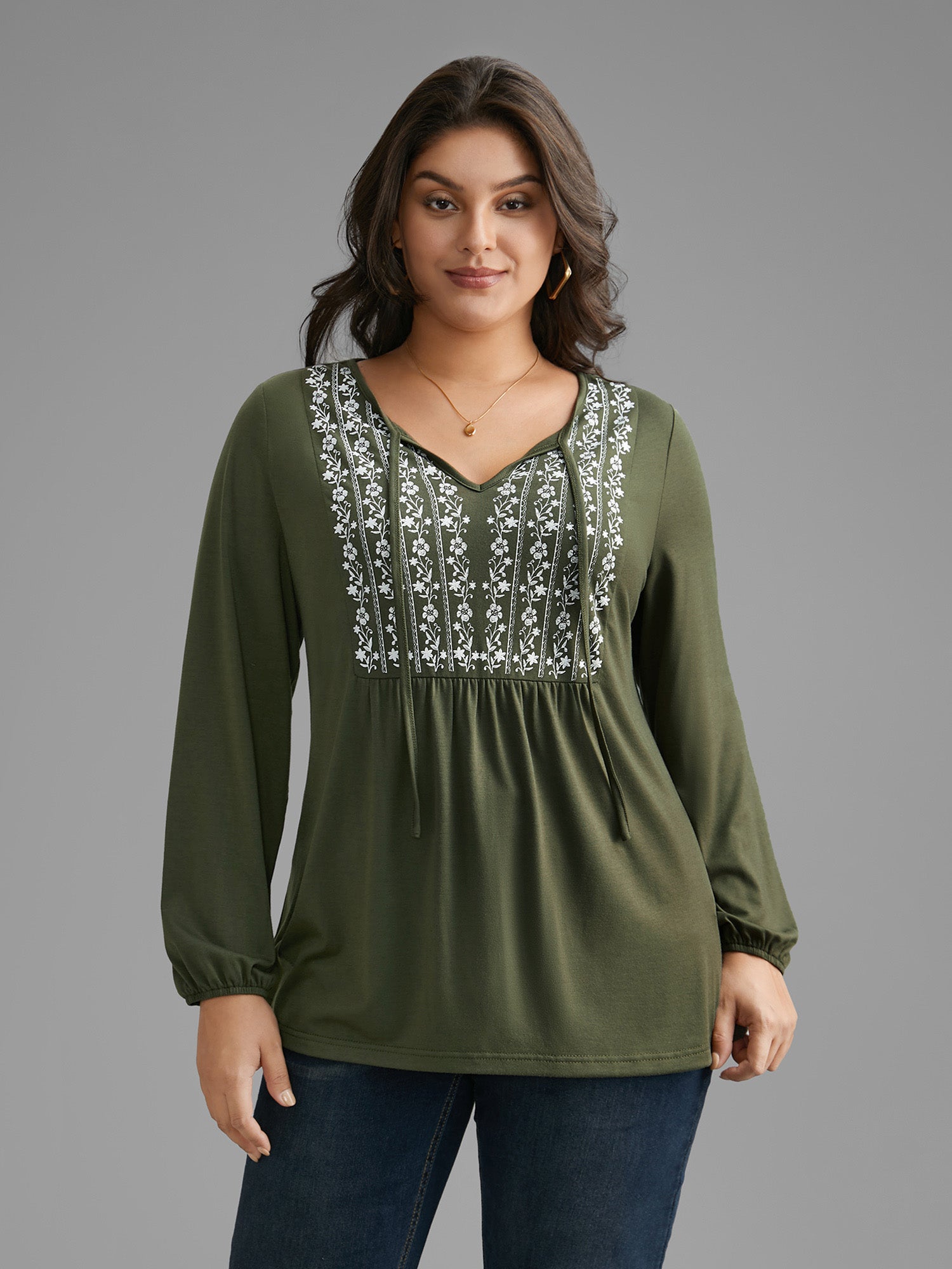 Floral Embroidered Tie Knot Gathered Jersey Top