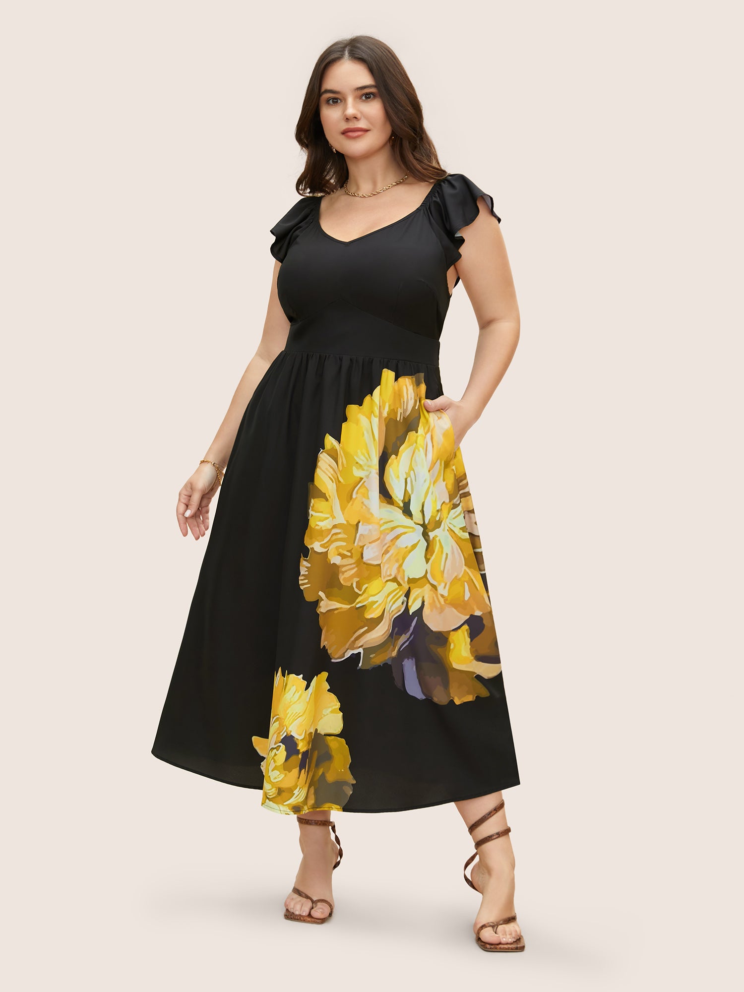 Carnation Print Ruffle Cap Sleeve Maxi Dress
