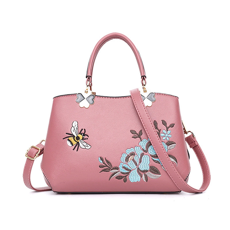 Women's Pu Leather Flower Bee Classic Style Sewing Thread Bucket Zipper Handbag Crossbody Bag