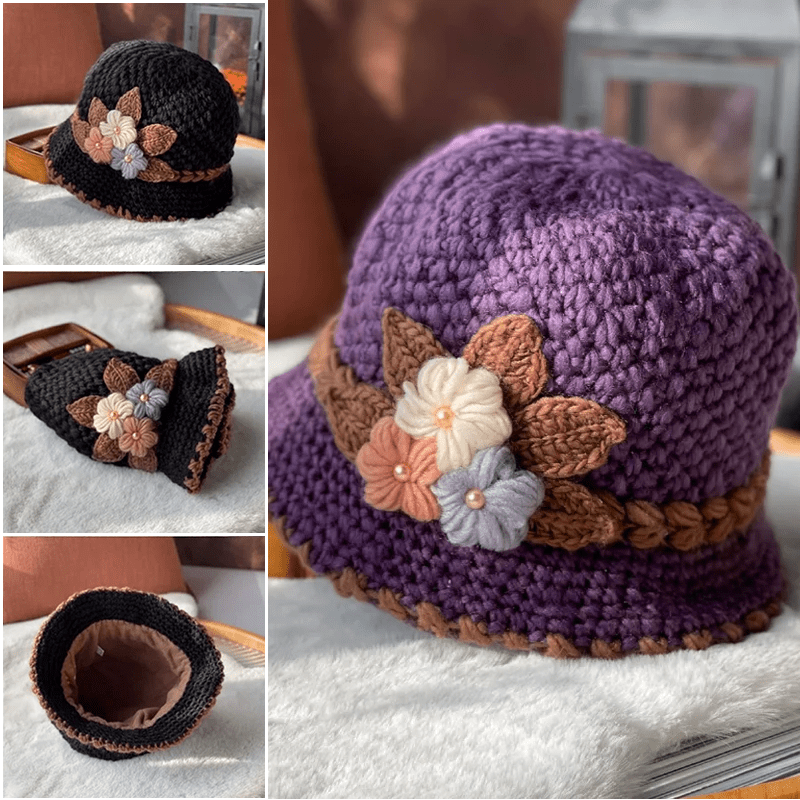 French Thicken Women's Flowers Knitted Woolen Hat