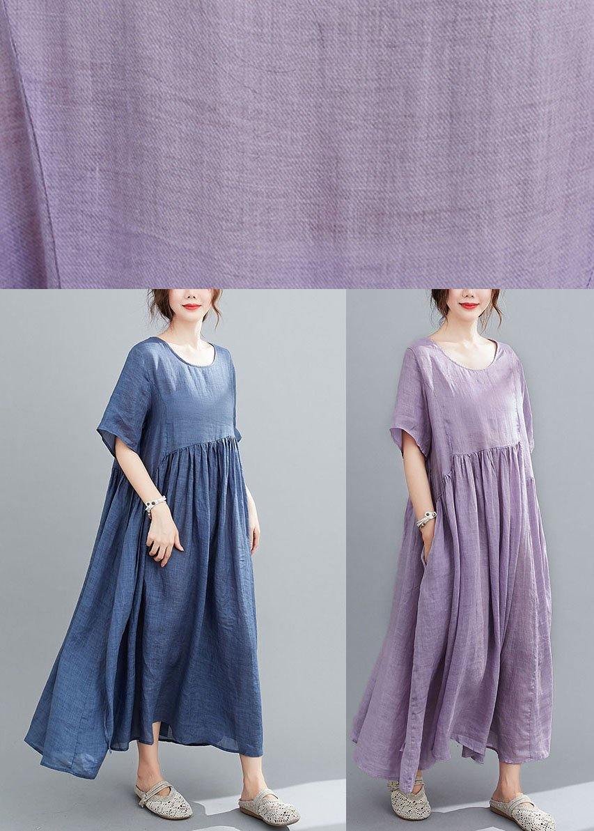 Blue Pockets Maxi Dresses Short Sleeve Summer