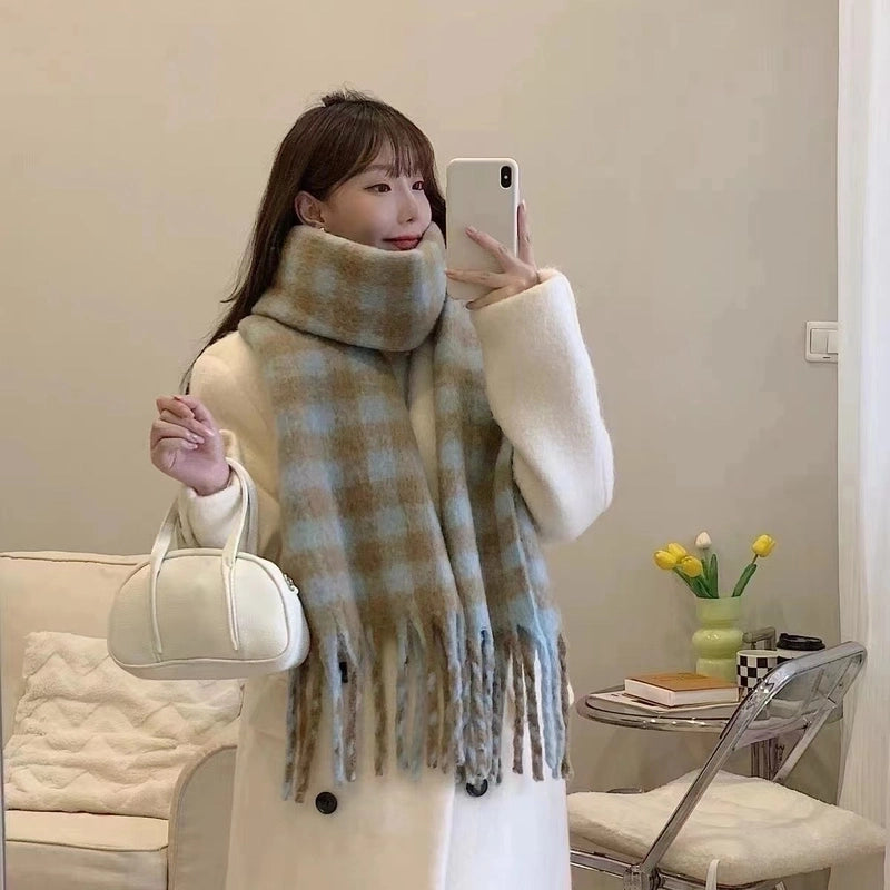 Green Big Mao Plaid Scarf Women's Autumn And Winter  Thickened Warm Atmosphere Fashionable Scarf