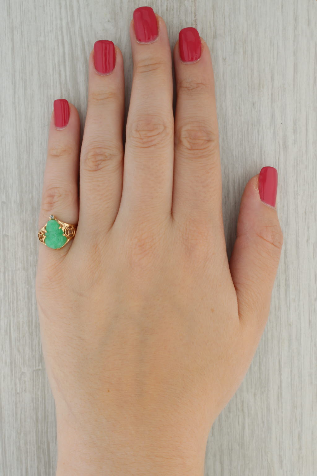 Carved Green Jade Frog Diamond 18k Yellow Gold Size 6 Vintage AS IS